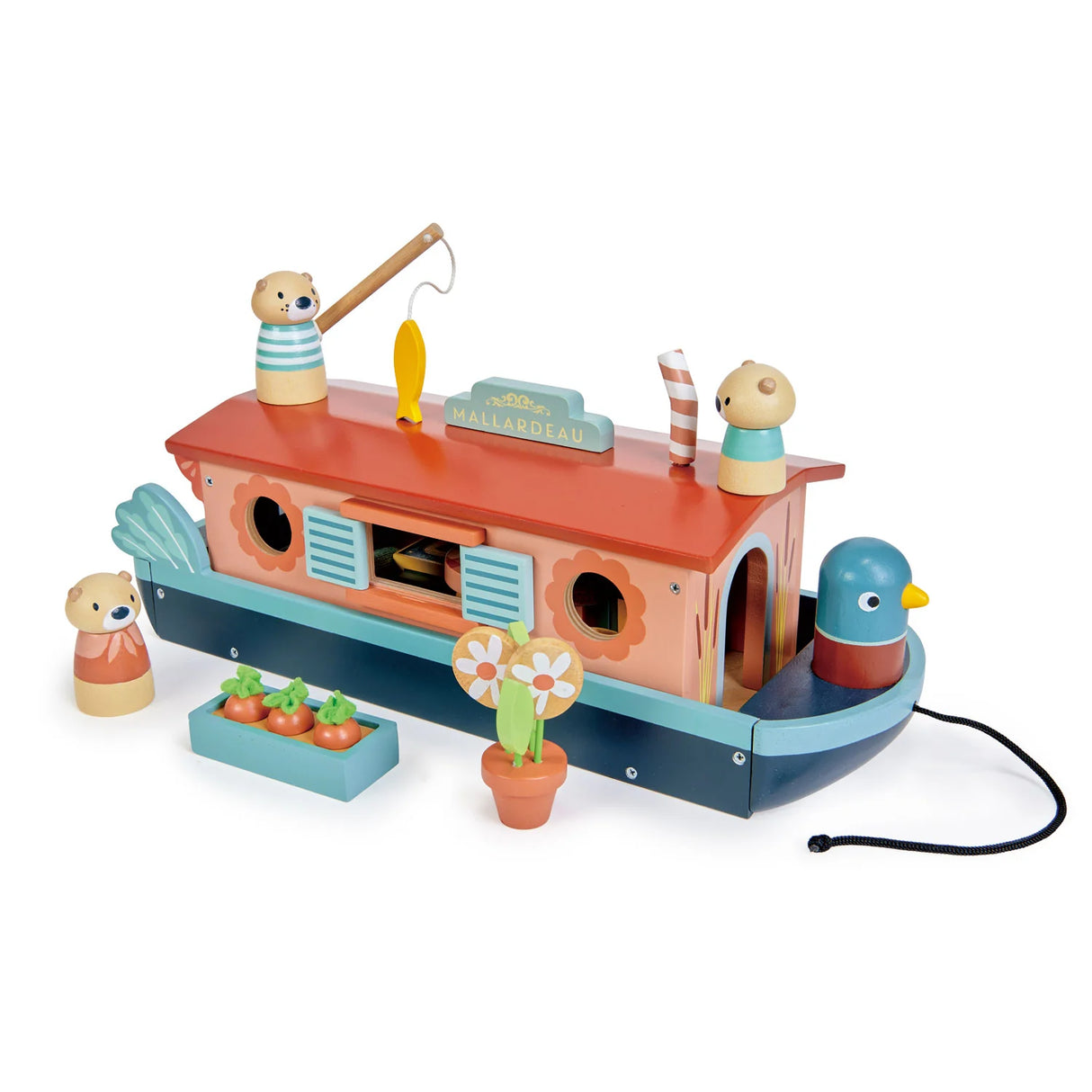 Little Otter Canal Boat wooden toy with otter figures, fishing rod, removable roof, and colorful accessories for imaginative play.