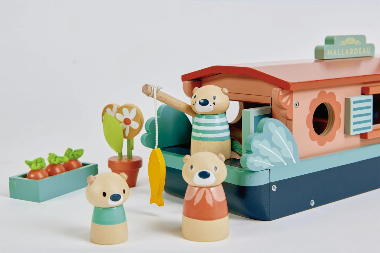 Little Otter Canal Boat with three otter figures, fishing rod, removable roof, and vegetable garden playset.