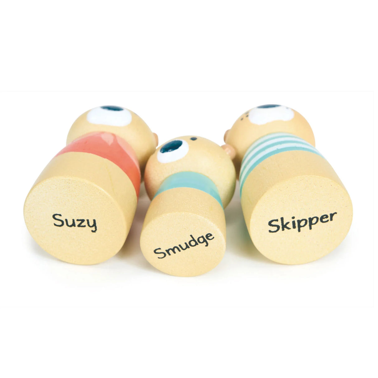 Wooden otter family figures Suzy, Smudge, and Skipper for the Little Otter Canal Boat playset.