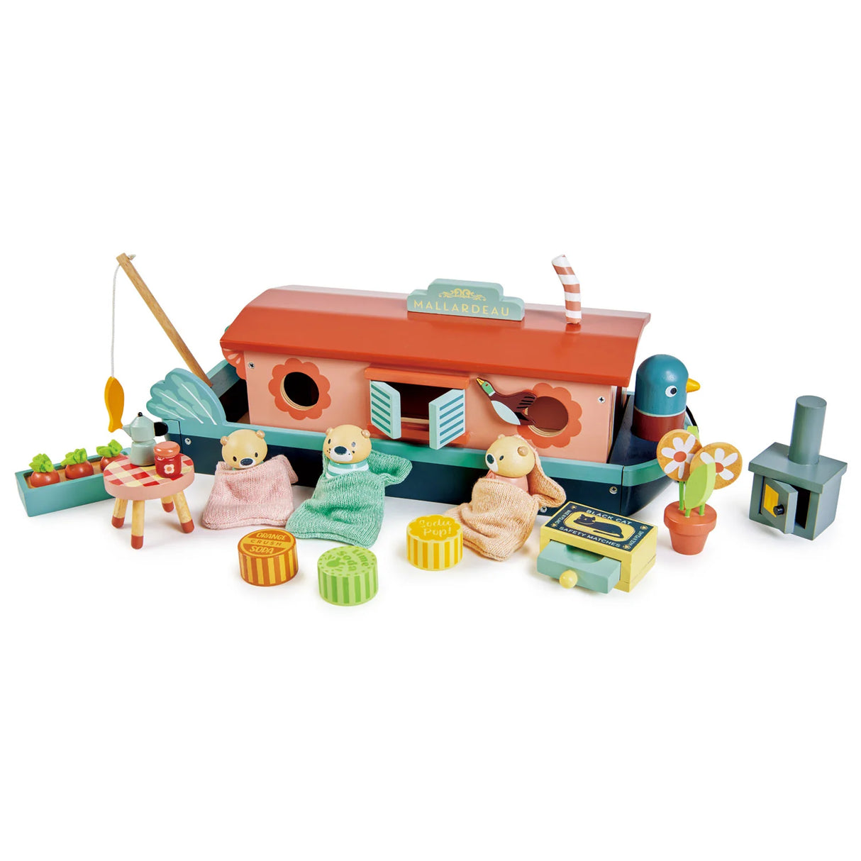 Little Otter Canal Boat with removable cabin, fishing rod, otter family, wood stove, and detailed accessories for imaginative play.