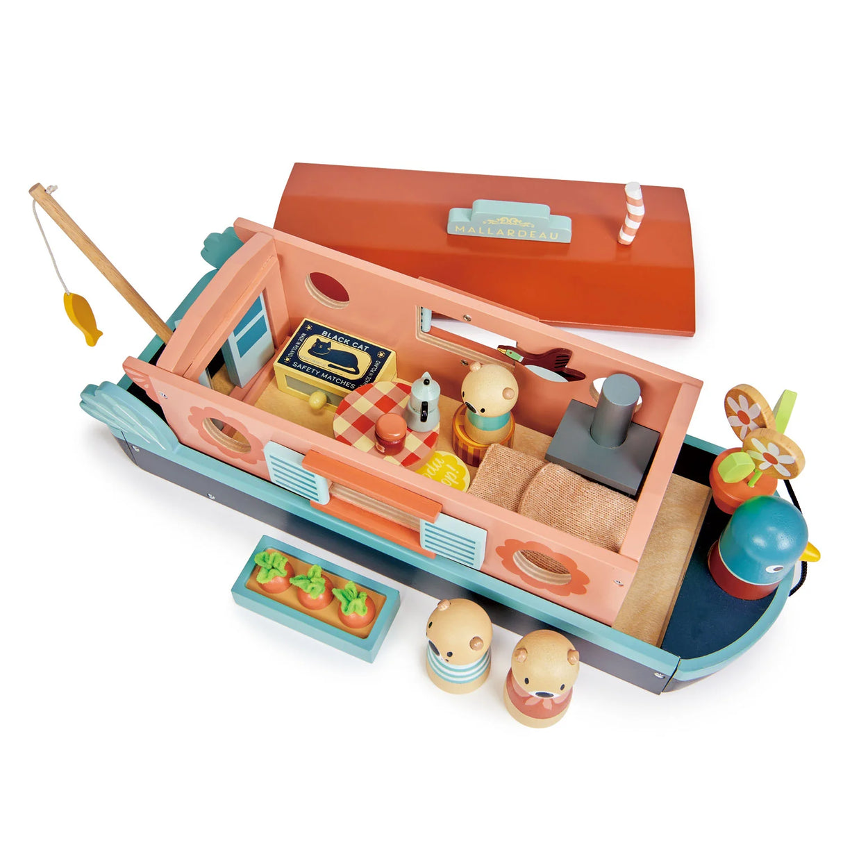 Little Otter Canal Boat wooden toy with removable roof, fishing rod, stove, and miniature otter family accessories.