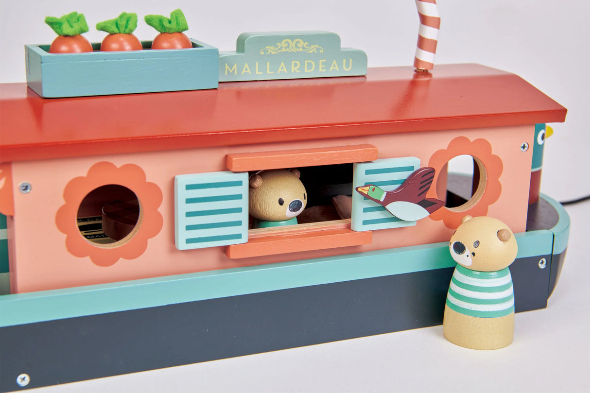 Little Otter Canal Boat wooden toy with removable roof, otter figures, and Mallardeau duck decoration on canal boat.