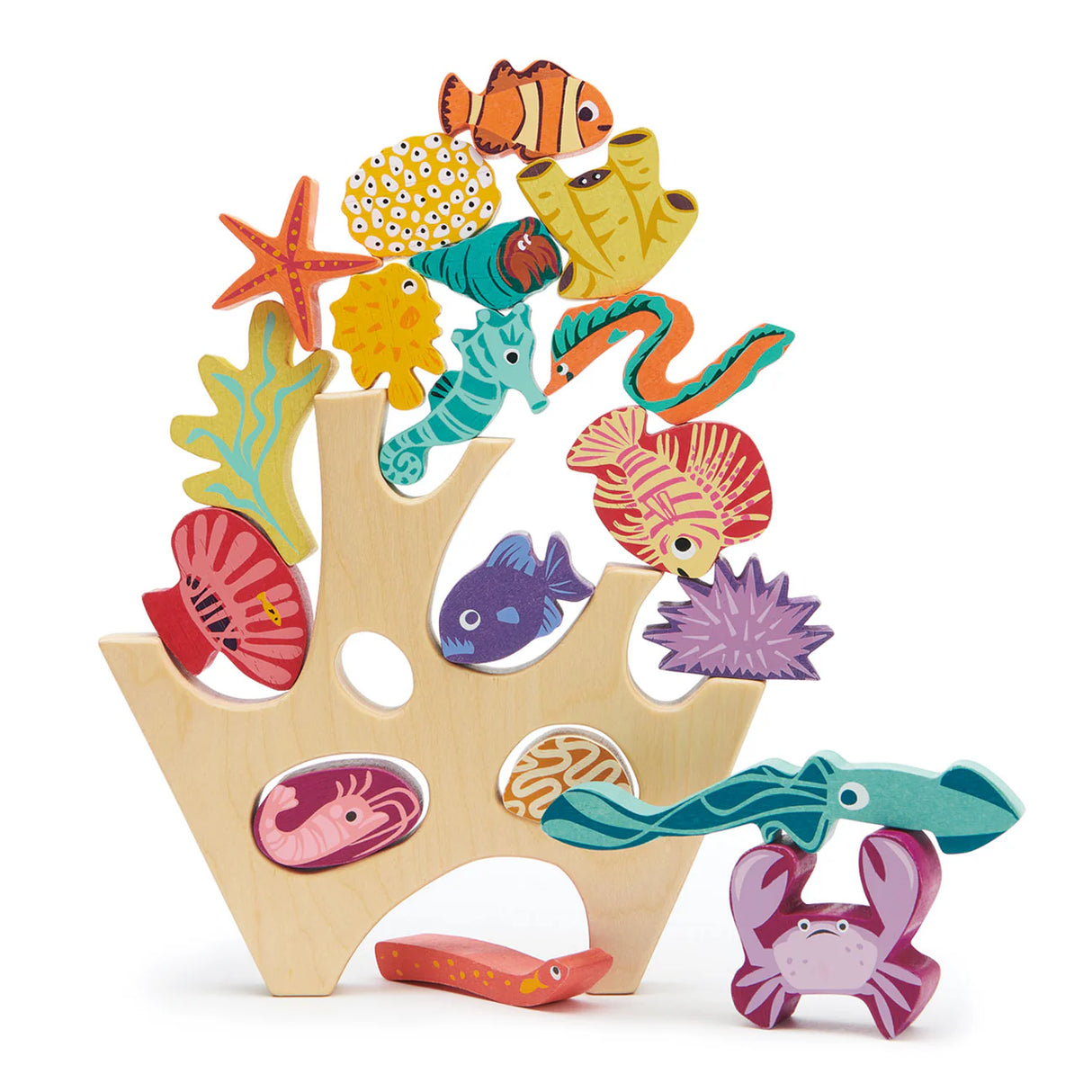 Stacking Coral Reef wooden toy with 18 colorful sea creatures including fish, crab, seahorse, starfish, and coral pieces.
