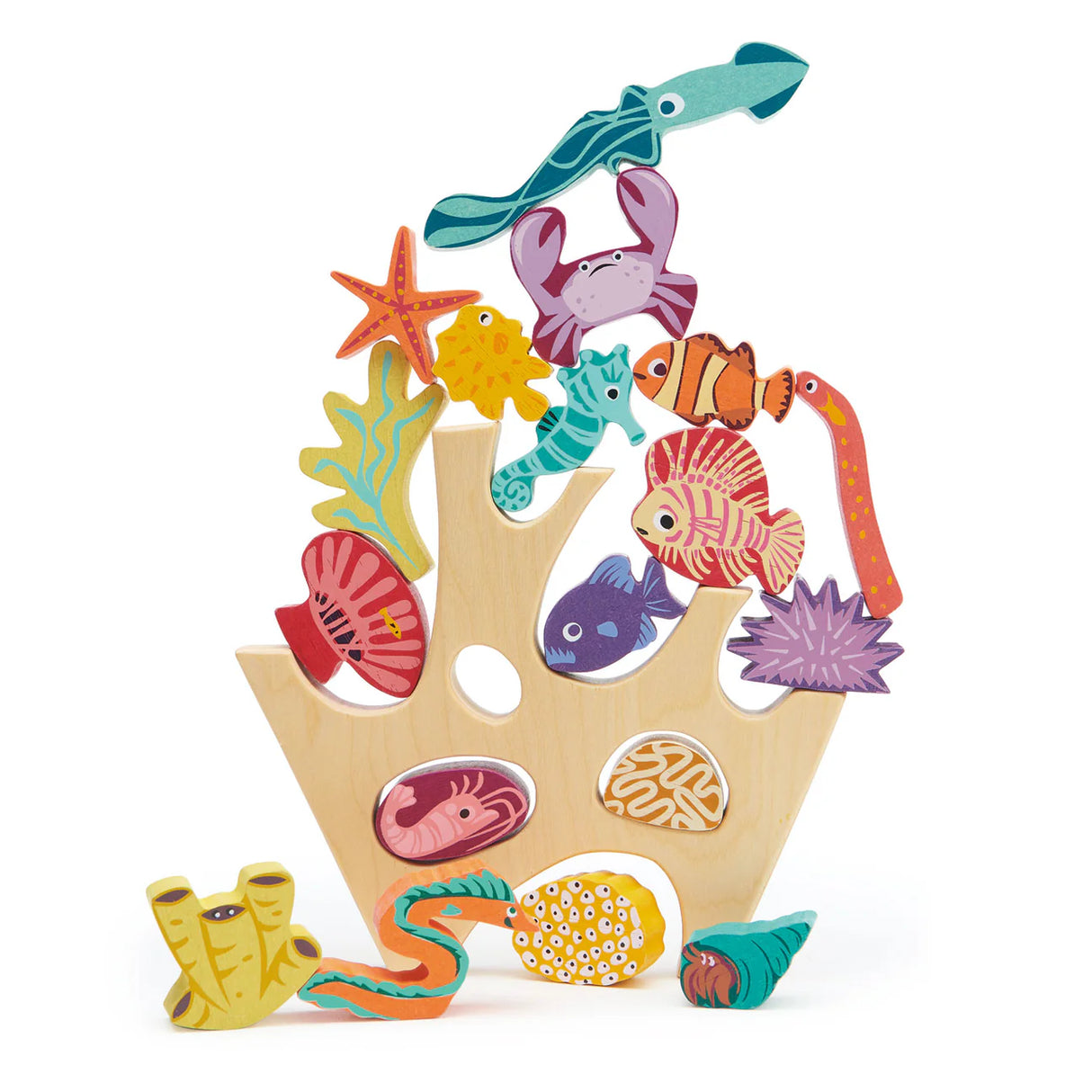 Stacking Coral Reef wooden toy with colorful sea creatures and coral pieces for toddlers 18 months and up.