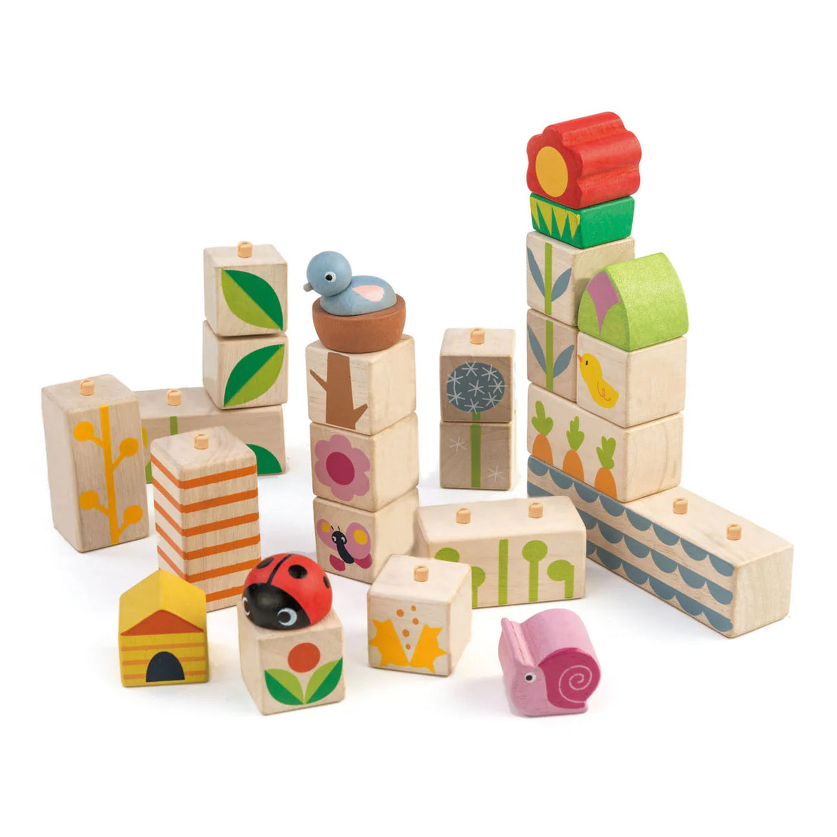 Garden Blocks wooden stacking blocks with nature designs, featuring animals and plants for toddlers 18 months and up.