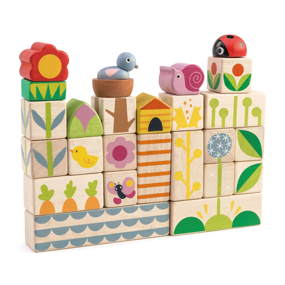 Garden Blocks wooden stacking toy with nature-themed illustrations including flowers, birds, and insects for toddlers.