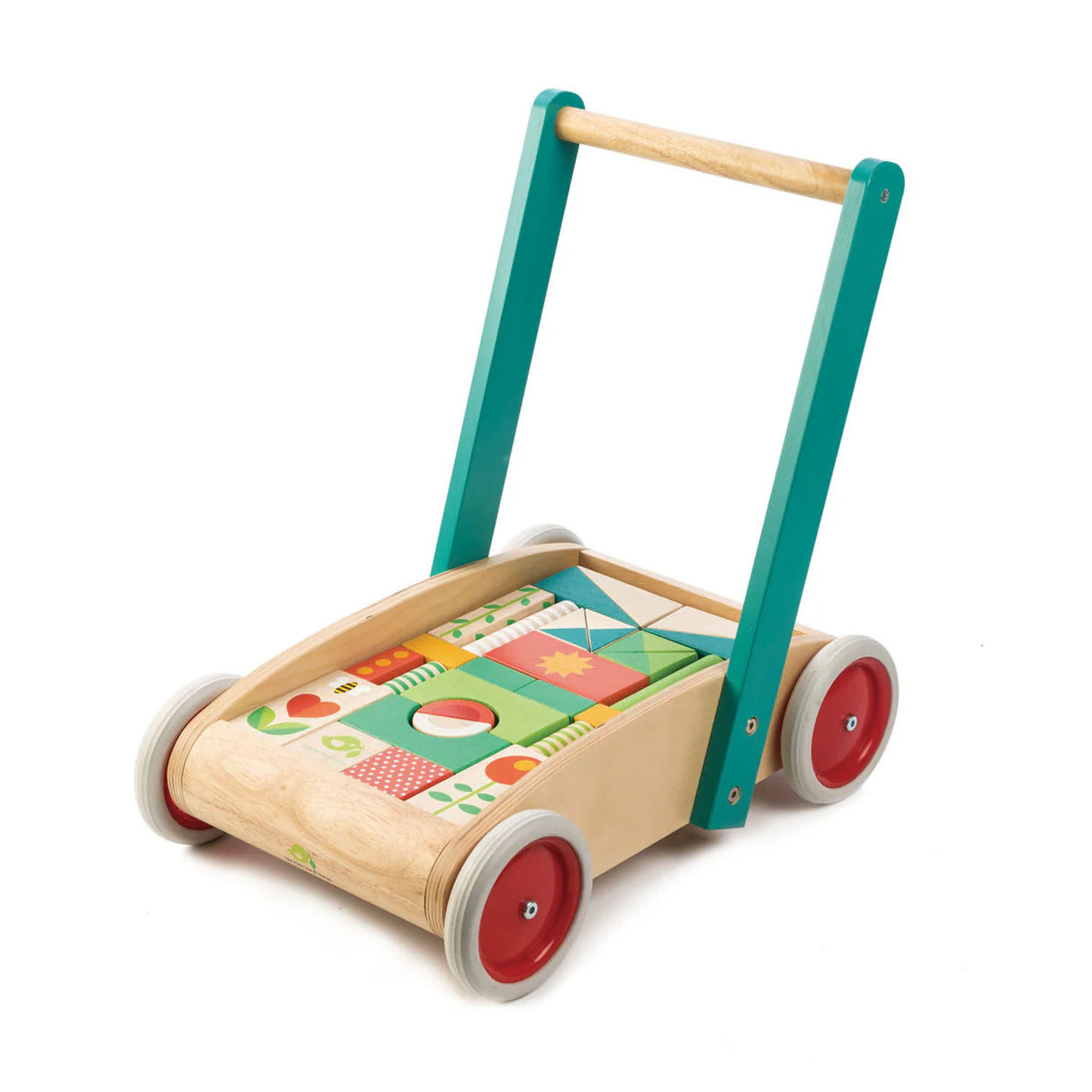 Baby Block Walker with sturdy wooden handle and colorful garden-themed blocks for toddler balance and creative play.