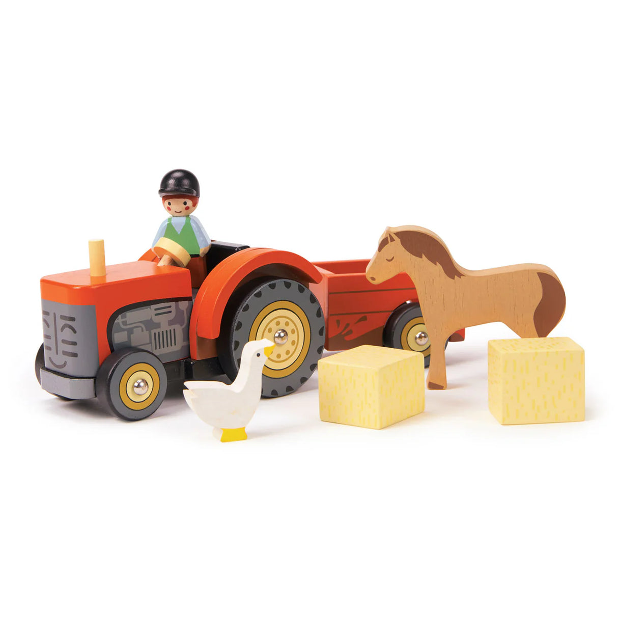 Farmyard Tractor wooden toy with driver, horse, goose, and two hay bales in bright red with painted details.
