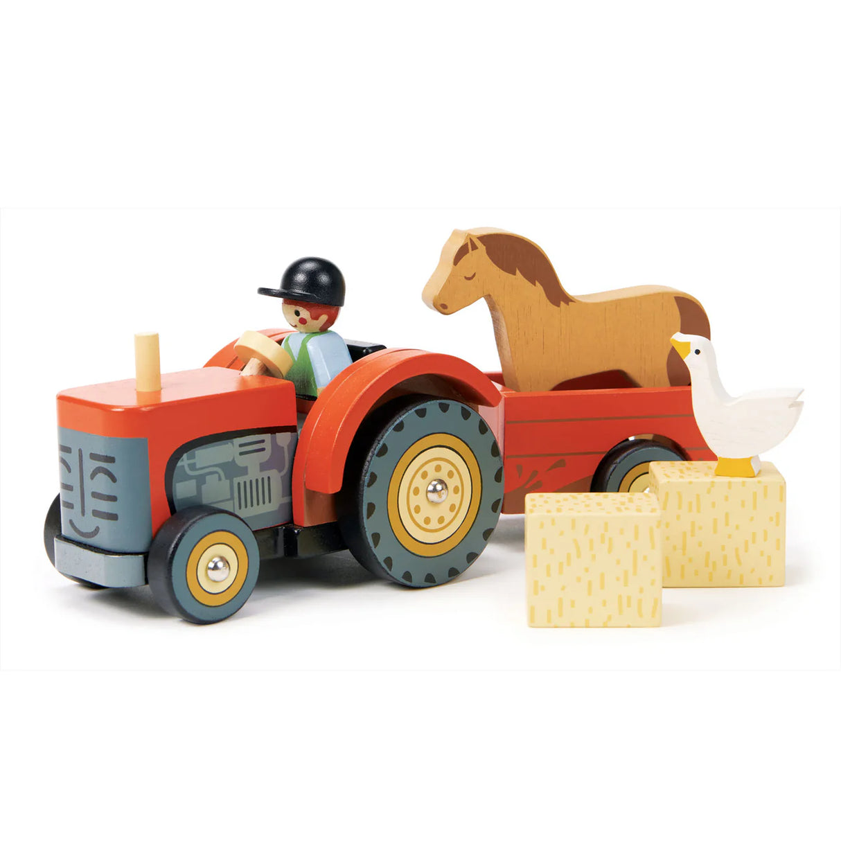 Farmyard Tractor wooden toy with removable trailer, driver, horse, goose, and hay bales painted in bright red.