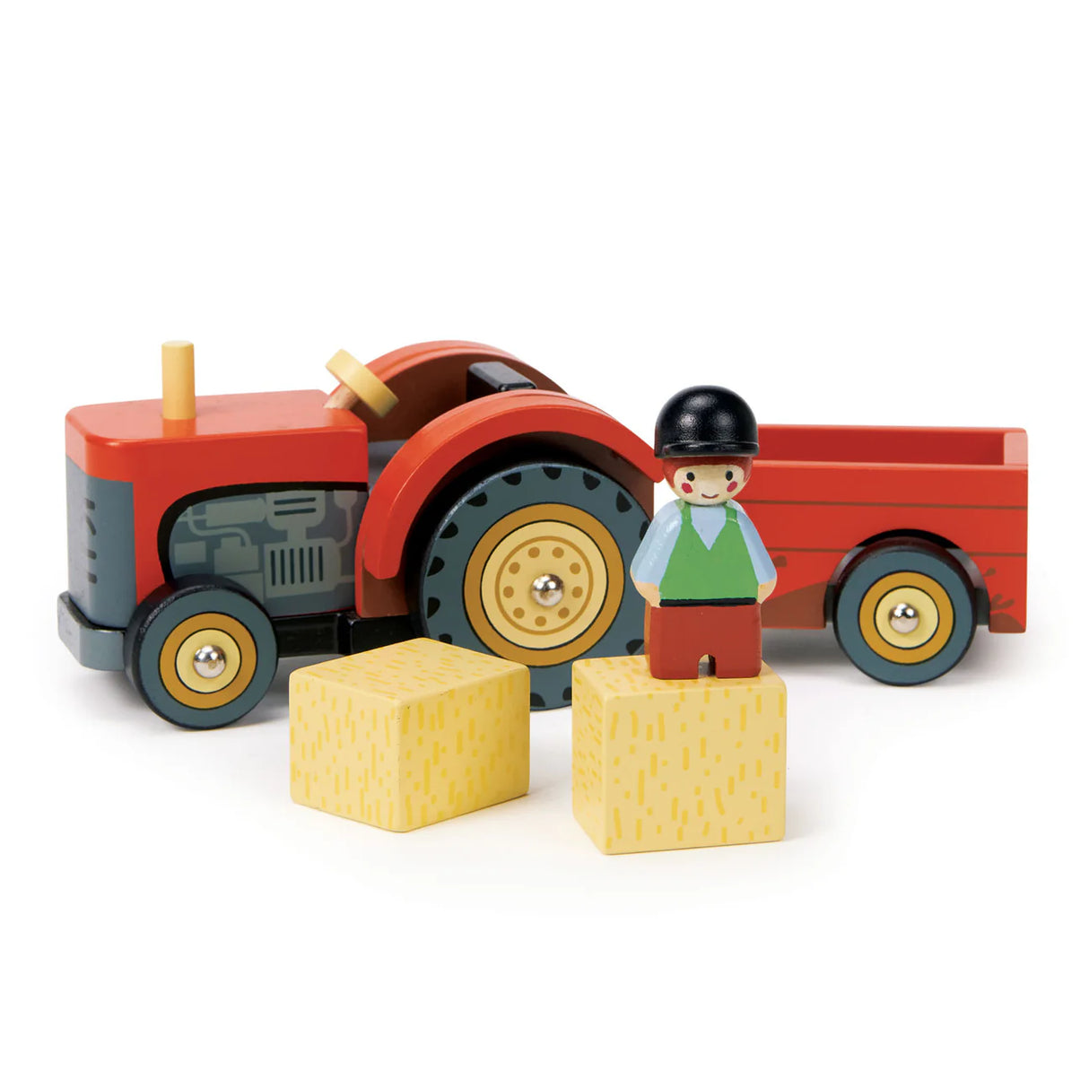 Farmyard Tractor wooden toy in bright red with removable trailer, driver figure, and two hay bales for toddlers.