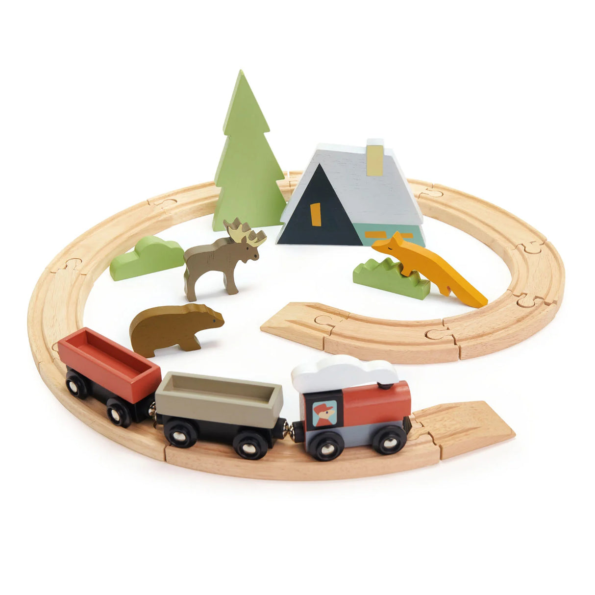 Treetops Train Set with wooden train, two carriages, mountain trail, cabin, tree, bear, moose, and fox figurines.