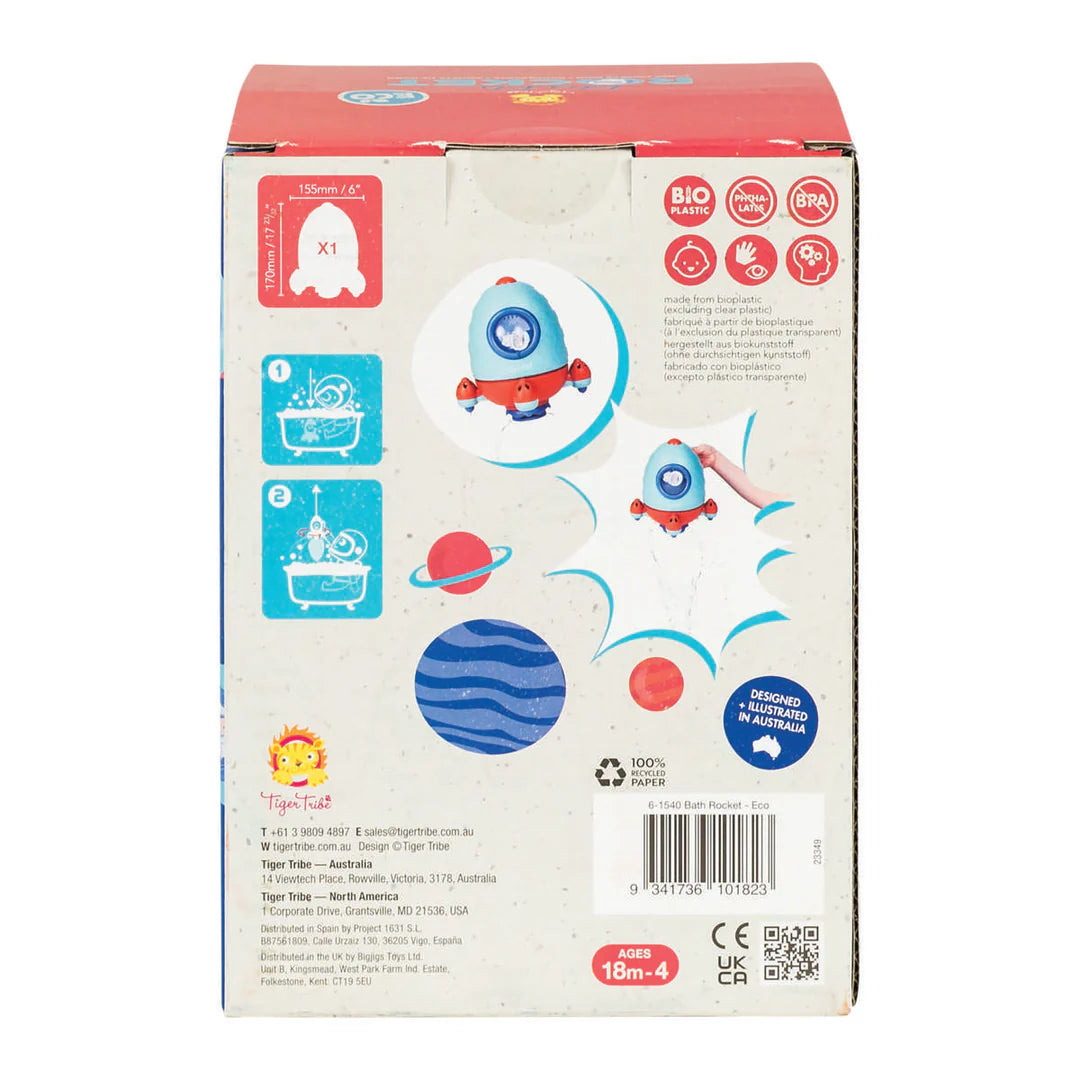 Bath Rocket packaging showing eco-friendly bath toy, made from bioplastic, designed for sensory water play ages 18m+