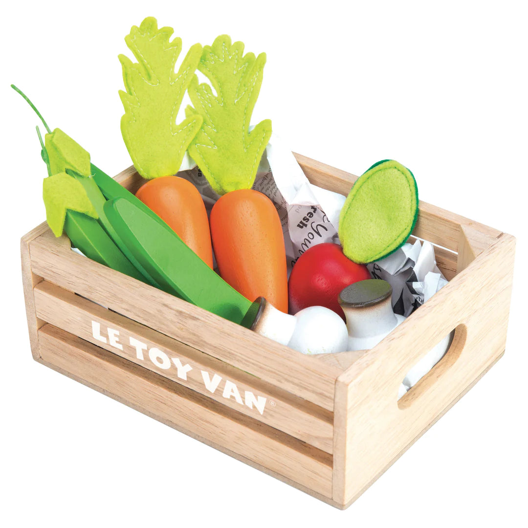 Vegetables 5 a Day Crate with wooden and fabric vegetables in a wooden crate for imaginative grocery store play.