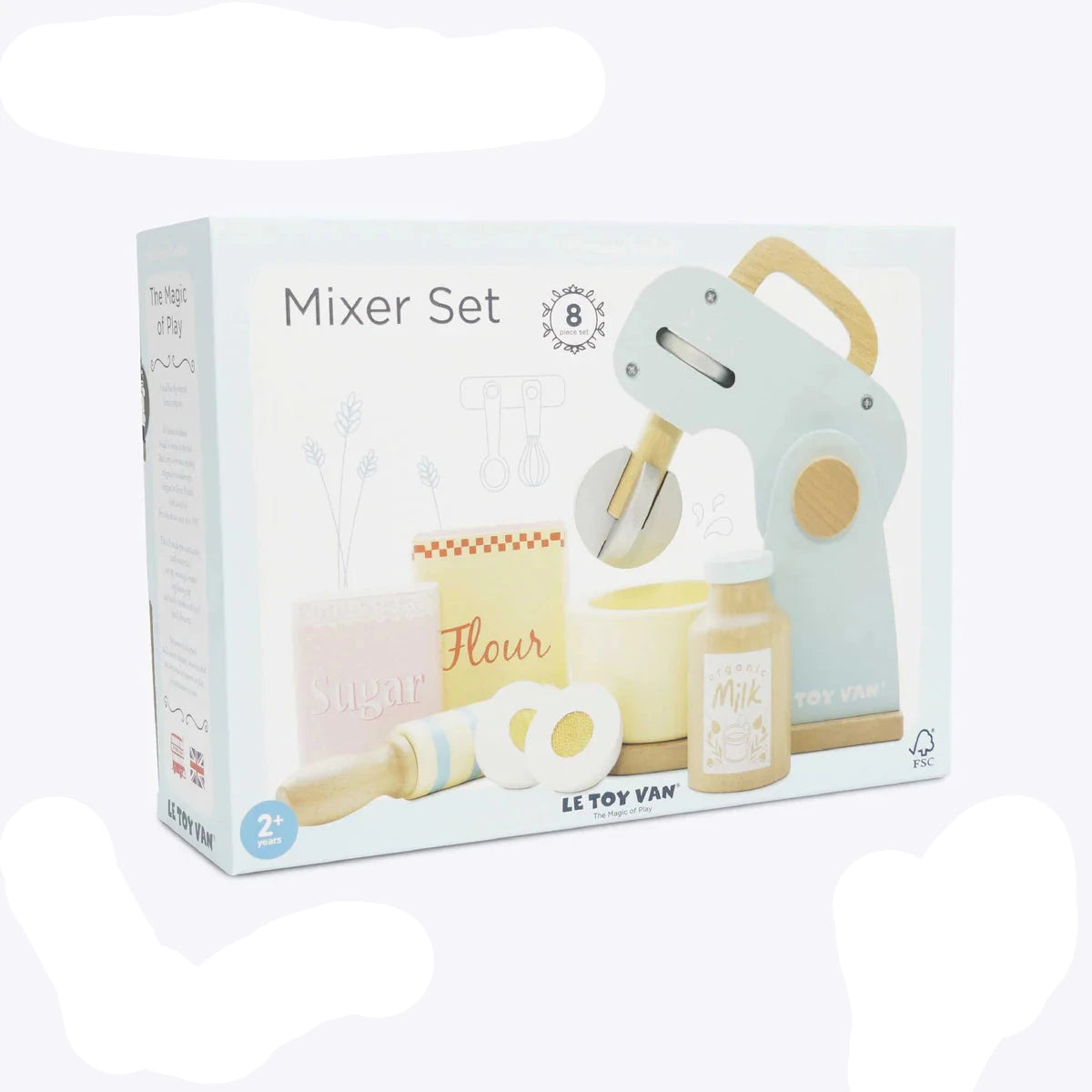 Mixer Set with wooden mixer, rolling pin, bowl, bottle of milk, flour, sugar, and eggs in pastel colors.