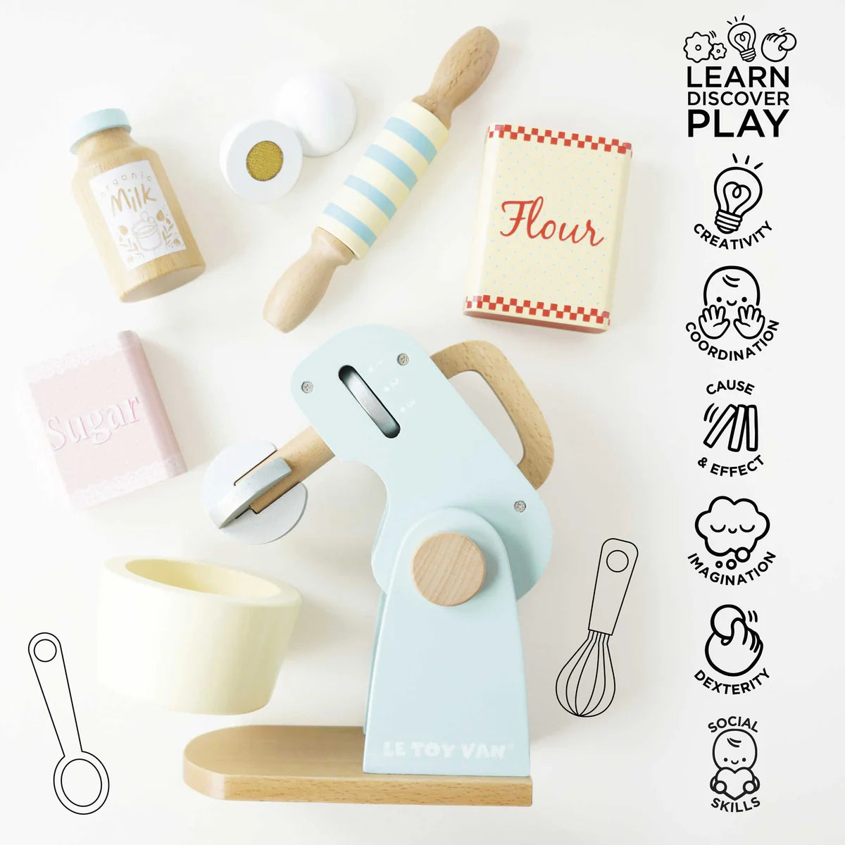 Mixer Set wooden toy with pastel mini mixer, rolling pin, milk bottle, eggs, flour, and sugar accessories.