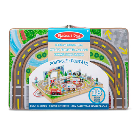 Take Along Town wooden playset with built-in tracks, vehicles, and carrying case for imaginative play anywhere.