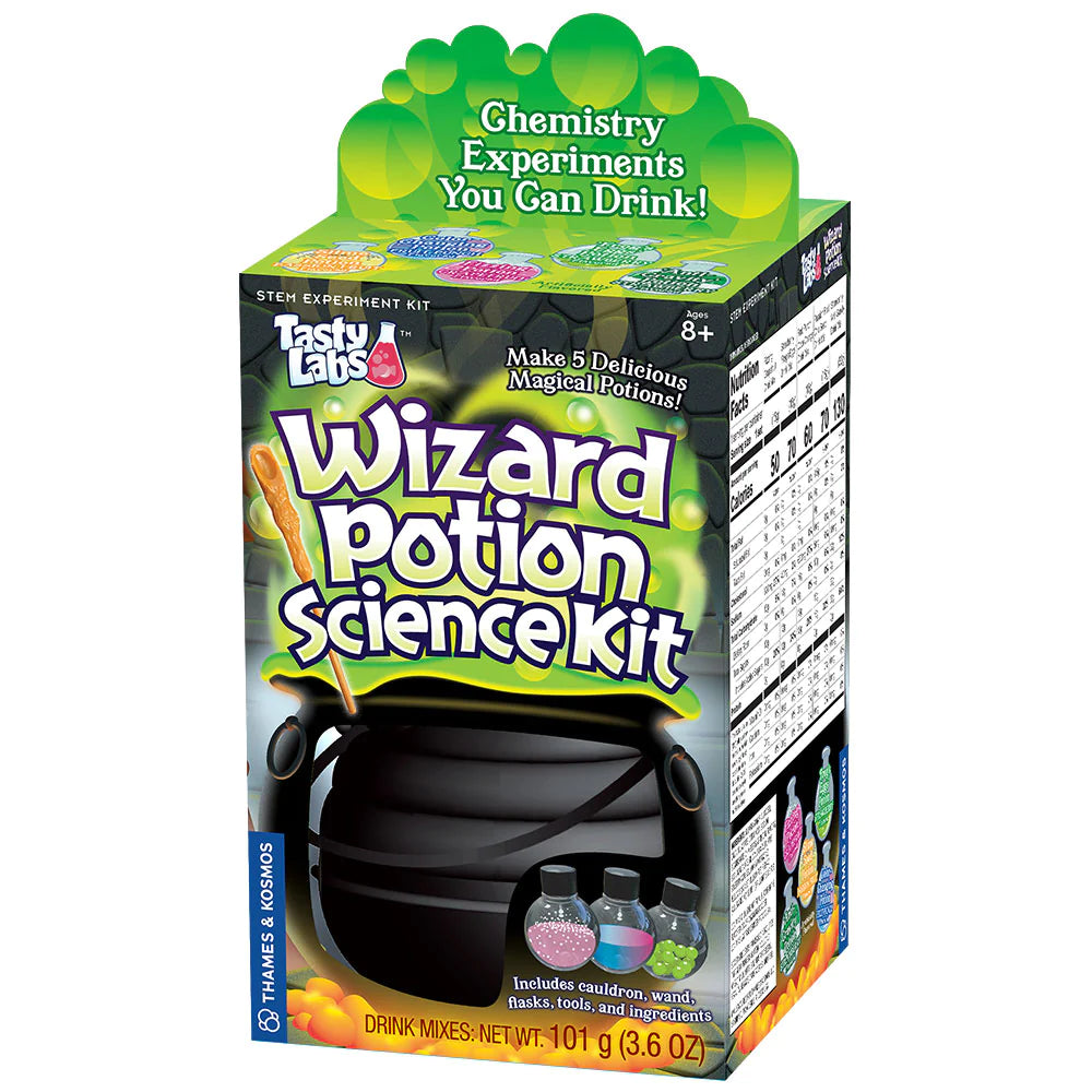 Tasty Labs: Wizard Potion Kit with cauldron, magic wand, and ingredients for five drinkable magical potions.
