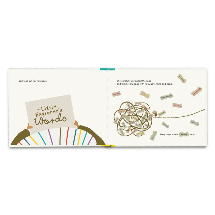 Open page of a book with a few simplistic sentences and an image depicting words interspersed among a tangled rope.