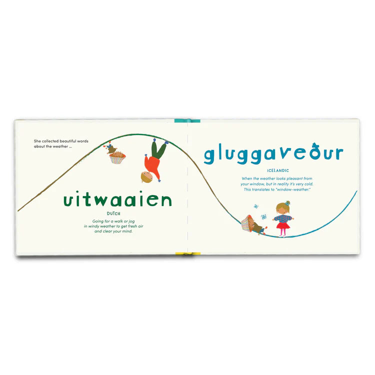 Open book featuring two untranslatable words, one in Dutch and one in Icelandic. Both words have a definition in English and a cute cartoon depiction.