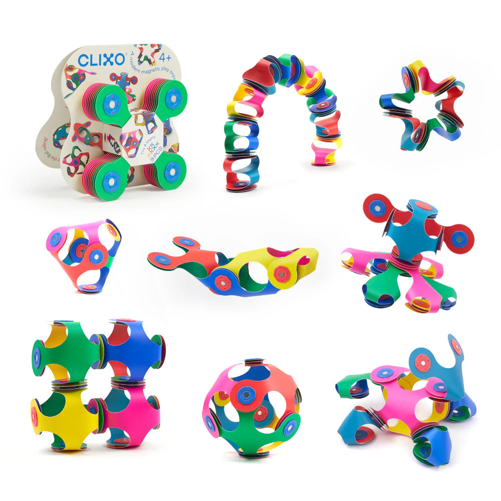 Clixo | Tiny & Mighty Pack showing 9 colorful magnetic quad shapes creating various playful 3D structures for STEAM fun.