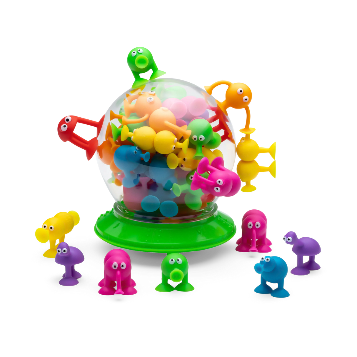 Poplings colorful silicone toys displayed around a clear container, each sticking and popping individually.