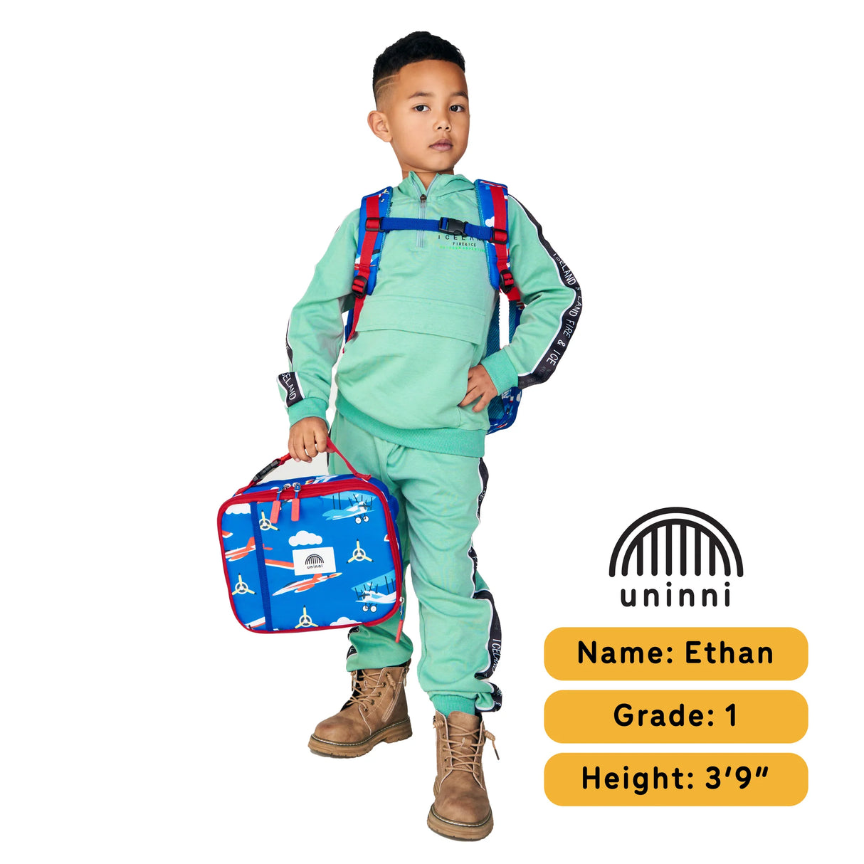 Ethan Backpack | Airplane worn by a young boy with adjustable straps, ideal for school and travel organization.