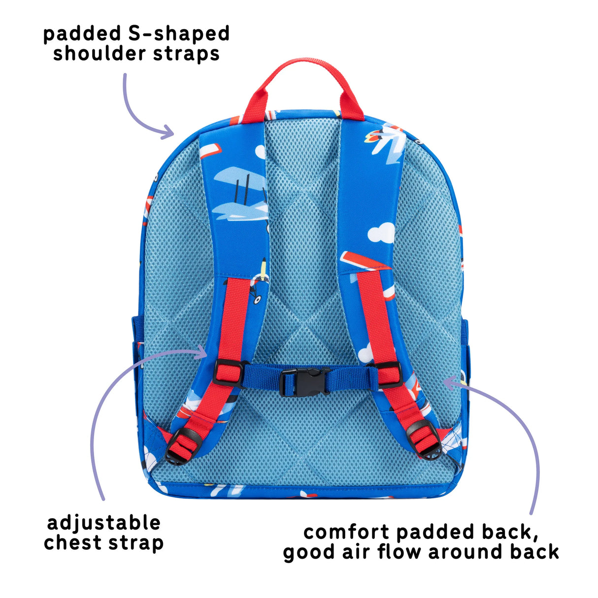 Ethan Backpack | Airplane showing padded S-shaped straps, adjustable chest strap, and breathable padded back for comfort.
