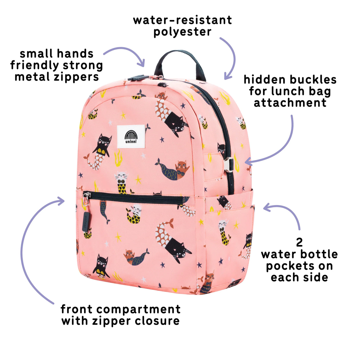Ethan Backpack | Swimming Mercats pink kids backpack with multiple pockets, water-resistant polyester, and strong zippers.