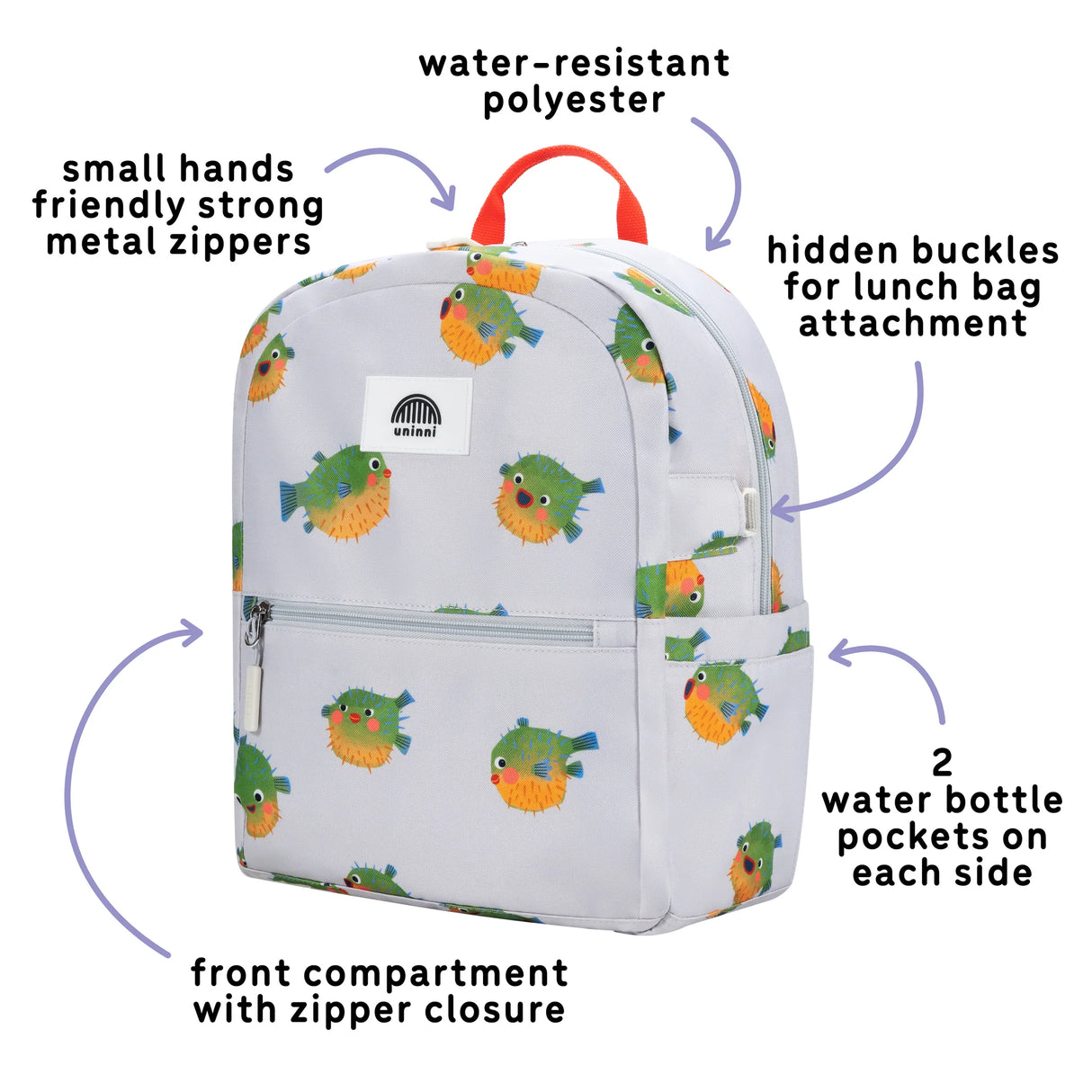 Ethan Backpack | Pufferfish with water-resistant polyester, strong zippers, hidden lunch bag buckles, and dual water bottle pockets.