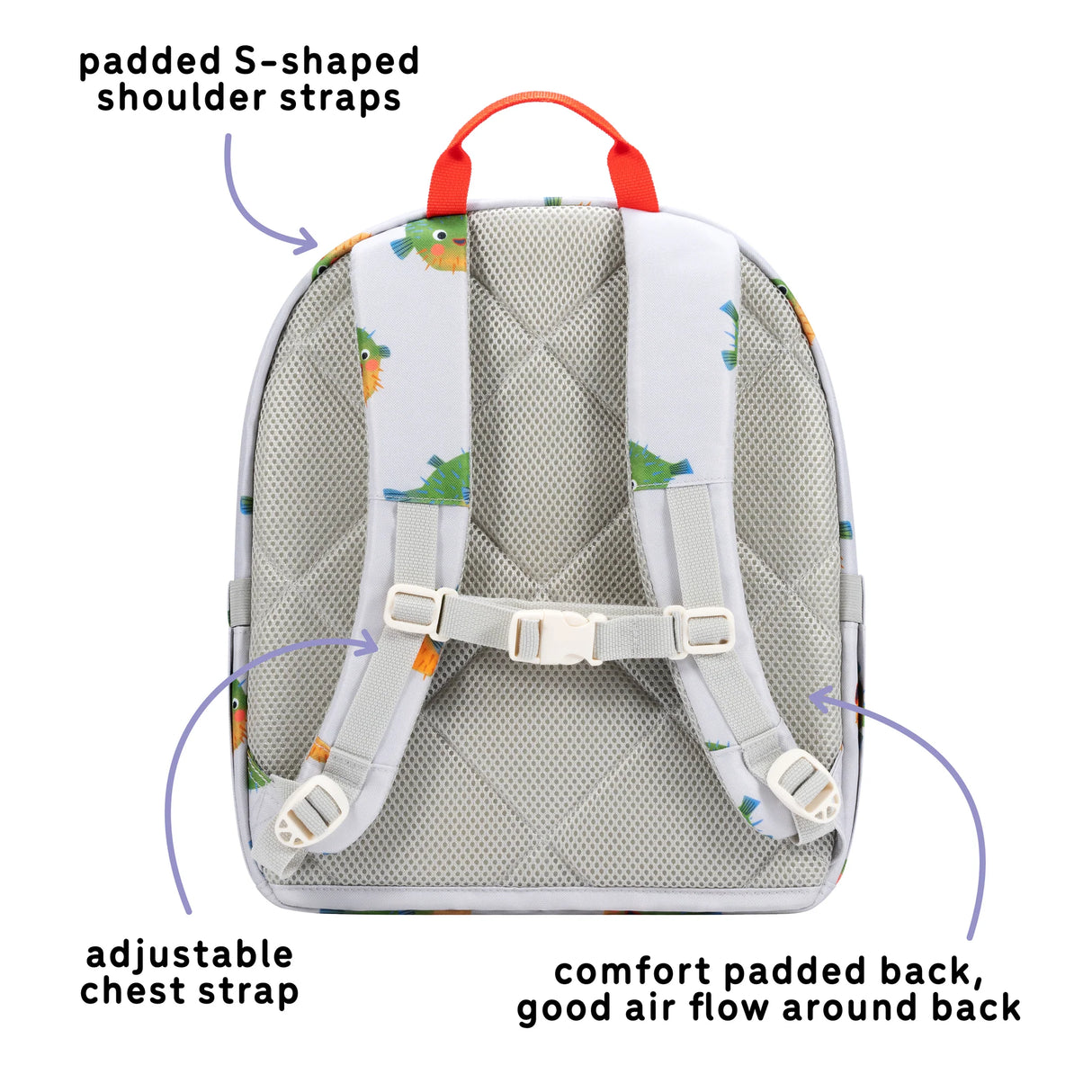 Ethan Backpack | Pufferfish with padded S-shaped straps, adjustable chest strap, and breathable padded back for kids' comfort.