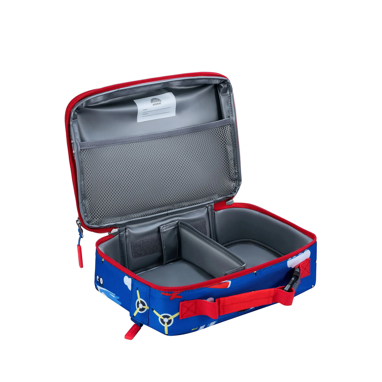 Lunch Bag | Airplane with insulated compartments, removable divider, mesh pocket, and durable zipper in blue and red colors.
