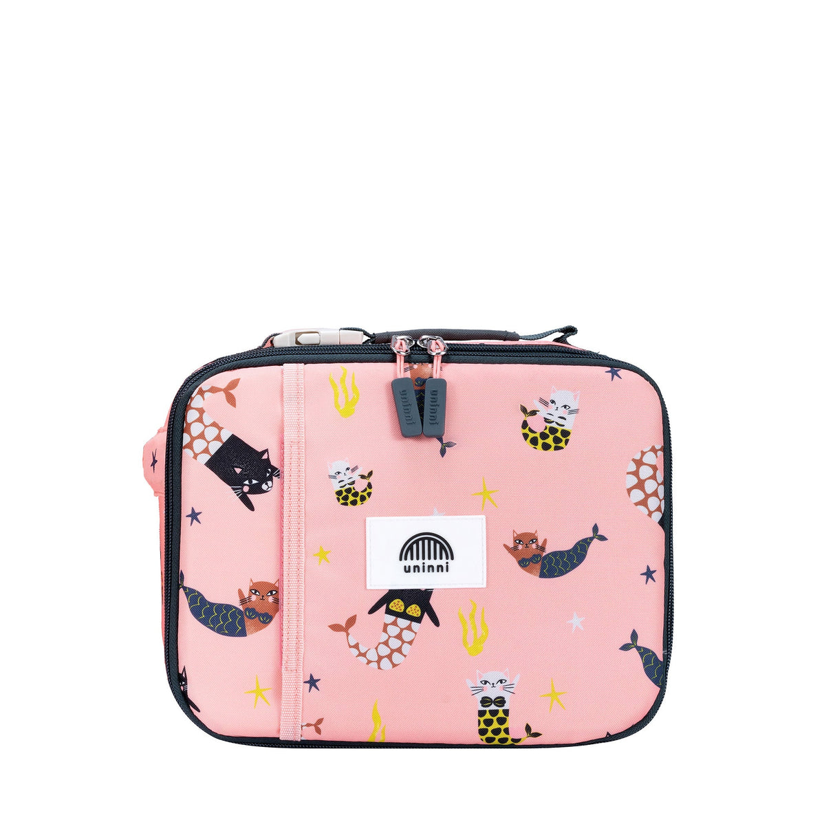Lunch Bag | Swimming Mercats pink insulated lunch bag with mermaid cat design and removable divider for organized storage.