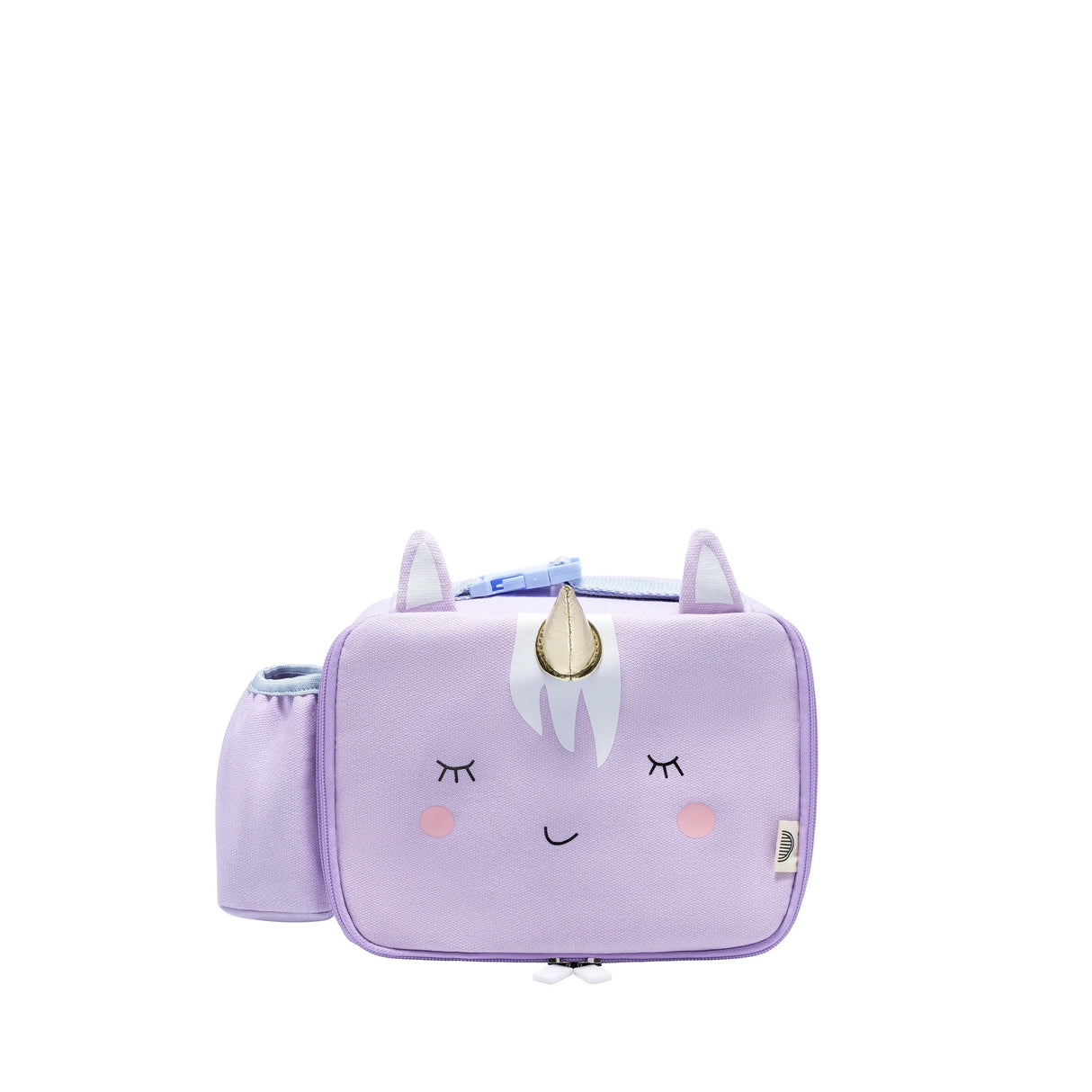 Toddler Lunchbag | Unicorn in light purple with insulated compartment, padded handle, and side pocket for water bottle.