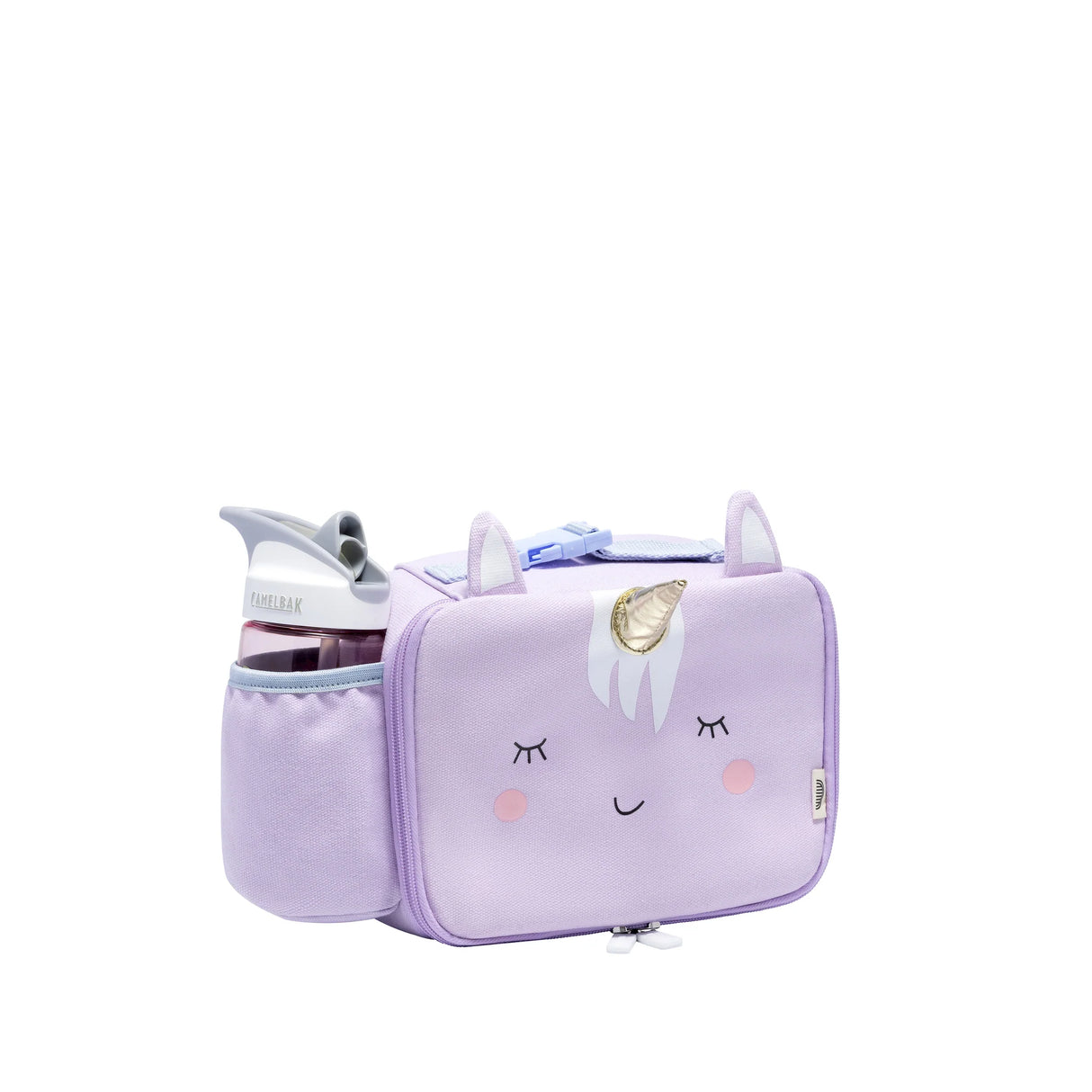 Toddler Lunchbag | Unicorn in lavender with insulated compartments, padded handle, side bottle holder, and unicorn face design.