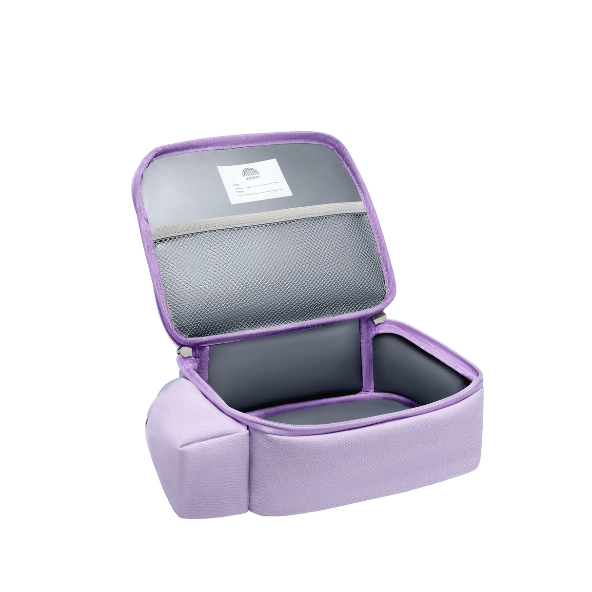 Toddler Lunchbag Unicorn in light purple with insulated main compartment and mesh interior pocket for kids' lunch essentials.