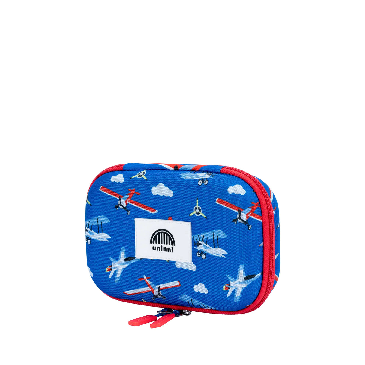 Pencil Case | Airplane with blue airplane print, red zipper, durable polyester, and built-in name tag for kids' school supplies.