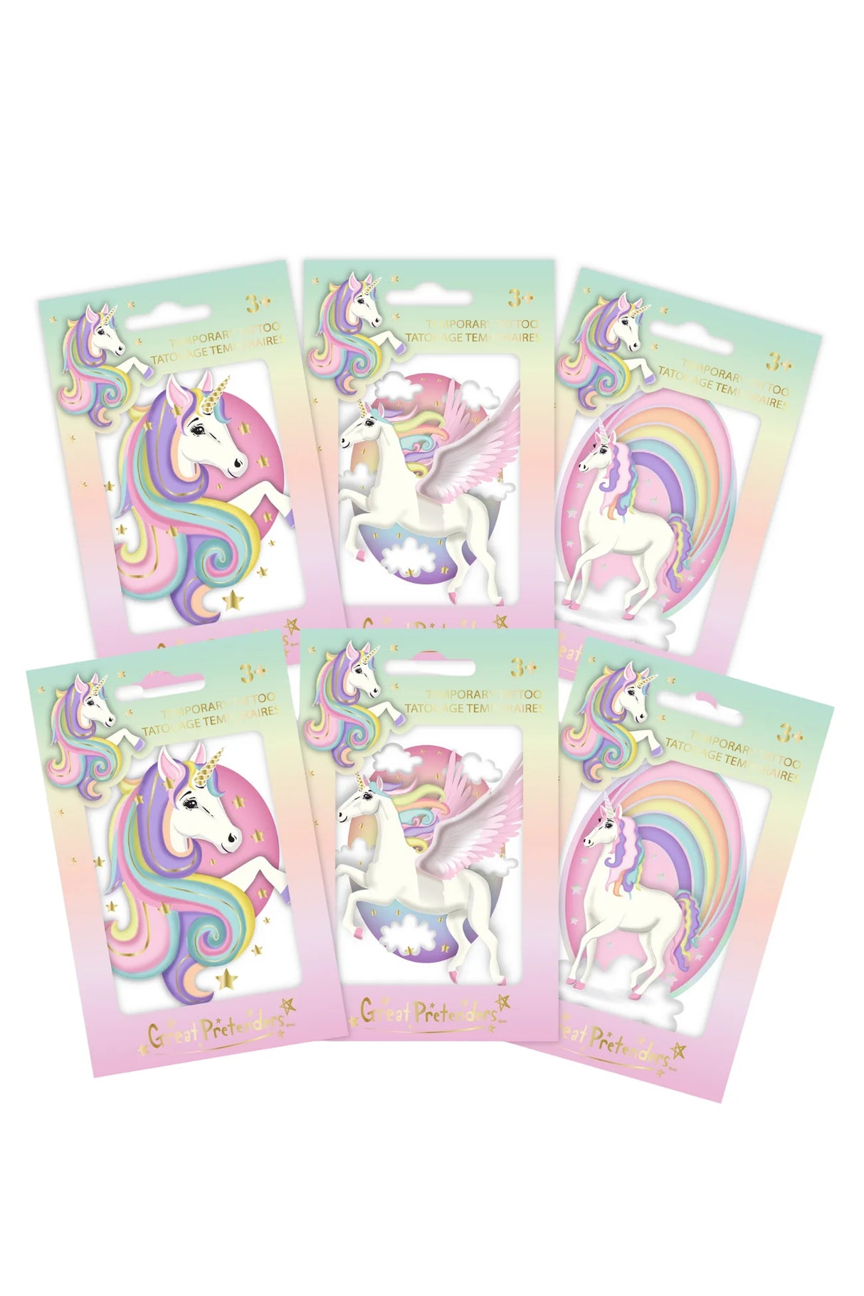 Unicorn Tattoo packs featuring magical unicorn designs with soft rainbow colors and gold foil accents, assorted styles.
