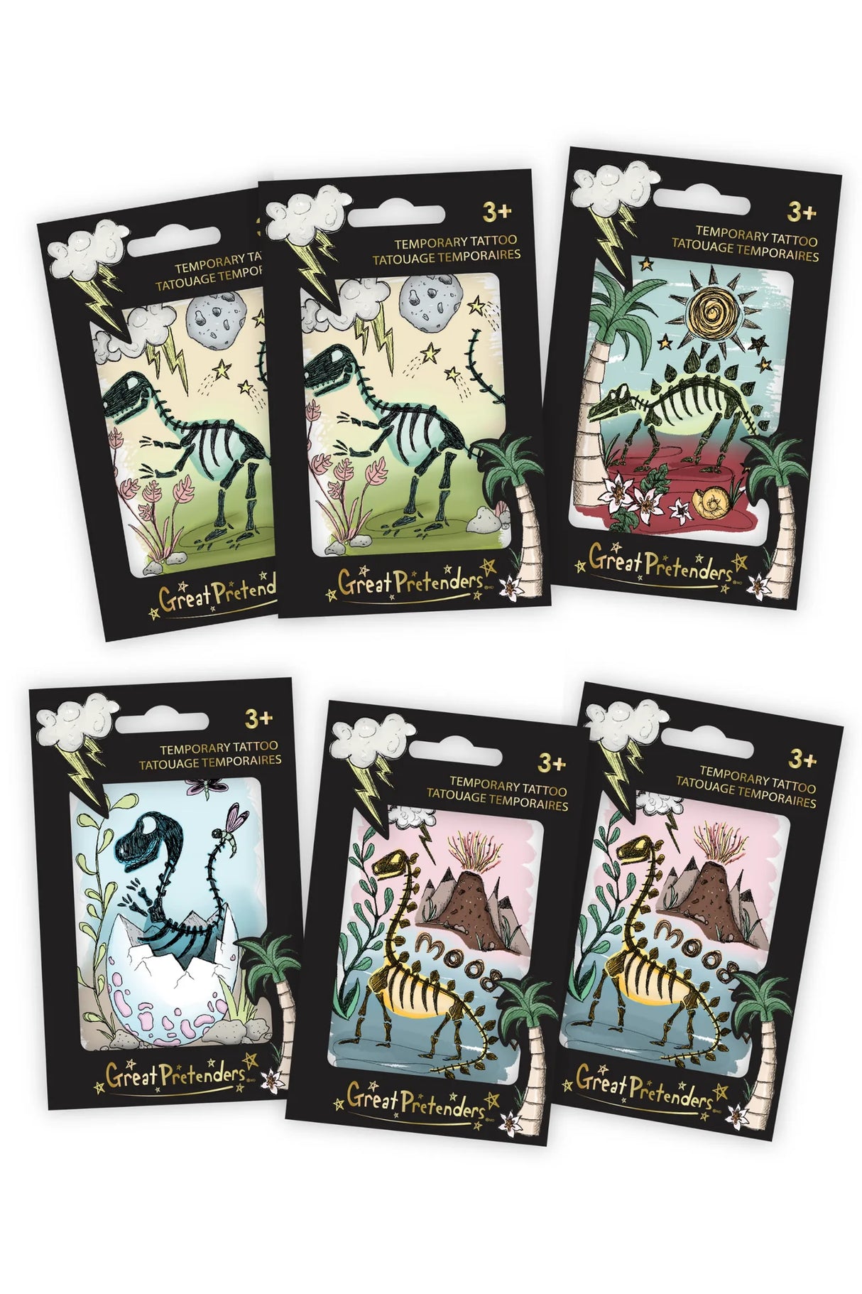 Dinosaur Tattoo temporary tattoos in assorted prehistoric designs, perfect for kids and dinosaur lovers, each sold separately.