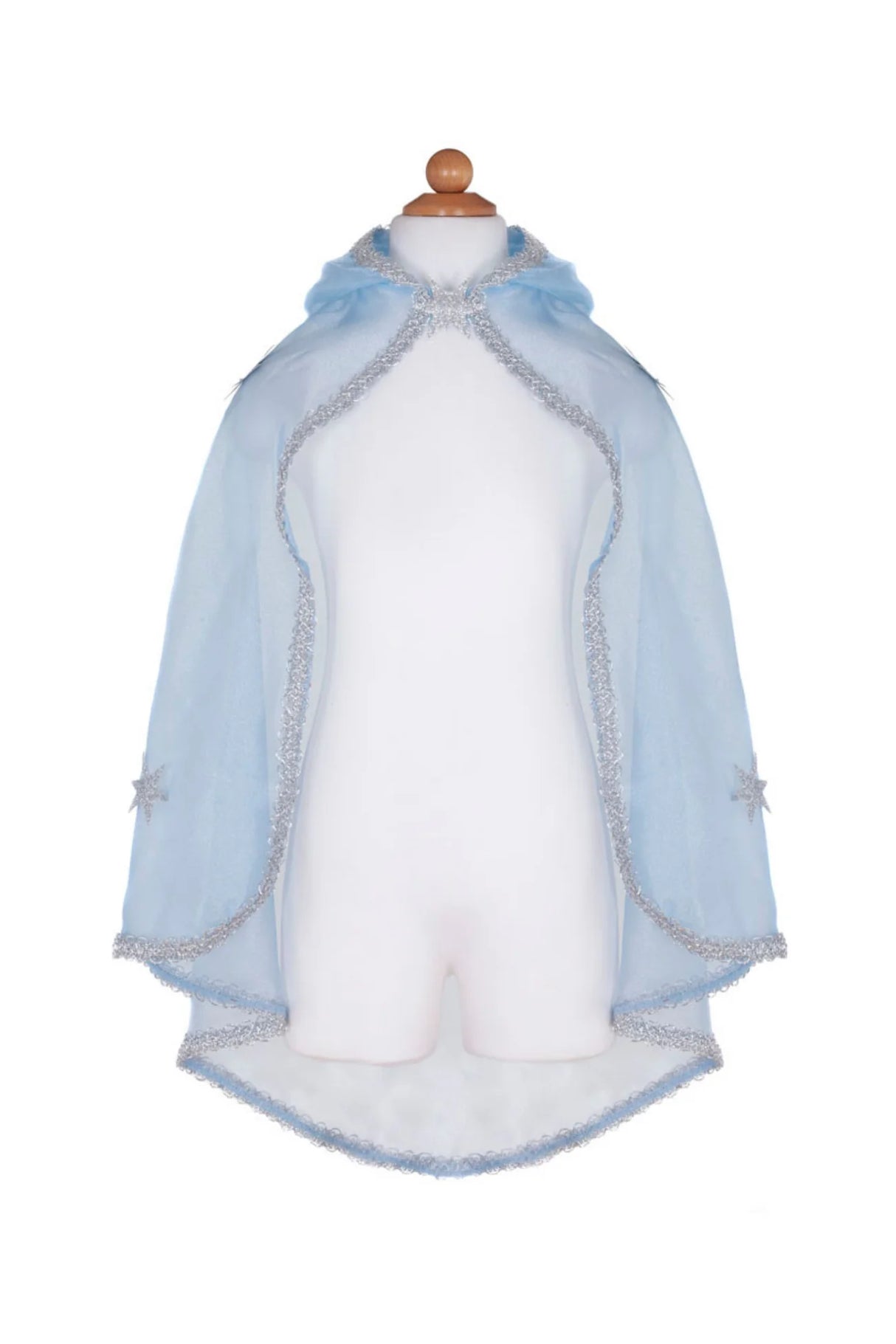 Snow Queen Cape | Size 3-4 blue crystal organza cape with silver glitter stars and braided trim, featuring a large hood.