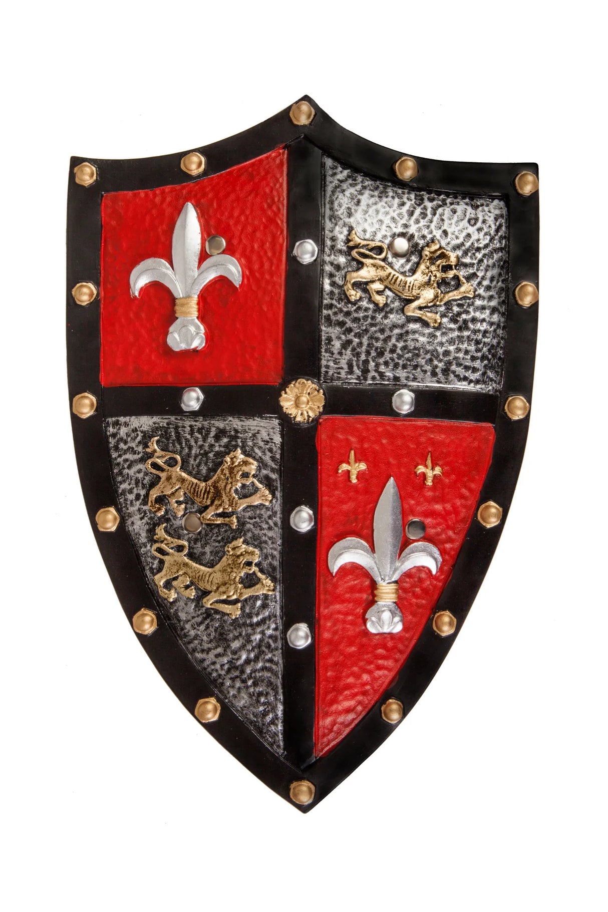 Knight Shield with red and gold lion and fleur de lis design, hand painted foam for kids ages 3 and up.