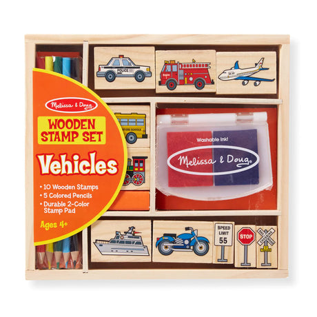 Stamps Vehicles Set with 10 wooden vehicle and traffic sign stamps, 2-color inkpad, and 5 colored pencils in wooden box.