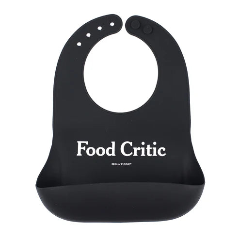 Wonder Bib | Food Critic black silicone baby bib with adjustable neck and large catch pocket for easy mealtime cleanup.