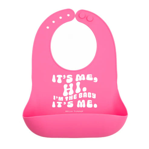 Pink Wonder Bib | It's Me Hi silicone baby bib with adjustable neck and catch pocket to keep messes contained.