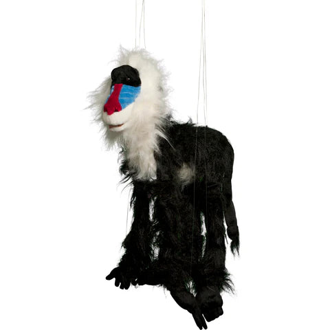 Marionette Large | Mandrill Monkey string puppet with vibrant face and fur, 26 inches tall, with tangle-free control bar strings.