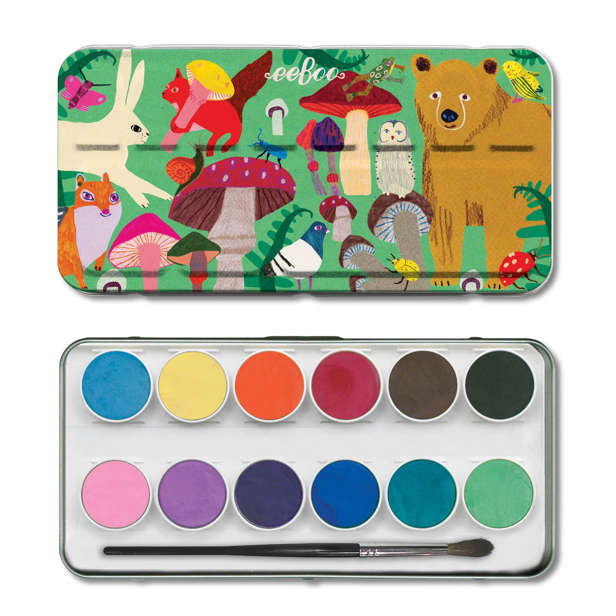 Watercolors Tin | Mushroom with 12 vibrant colors and brush in a tin featuring colorful animal and mushroom artwork.