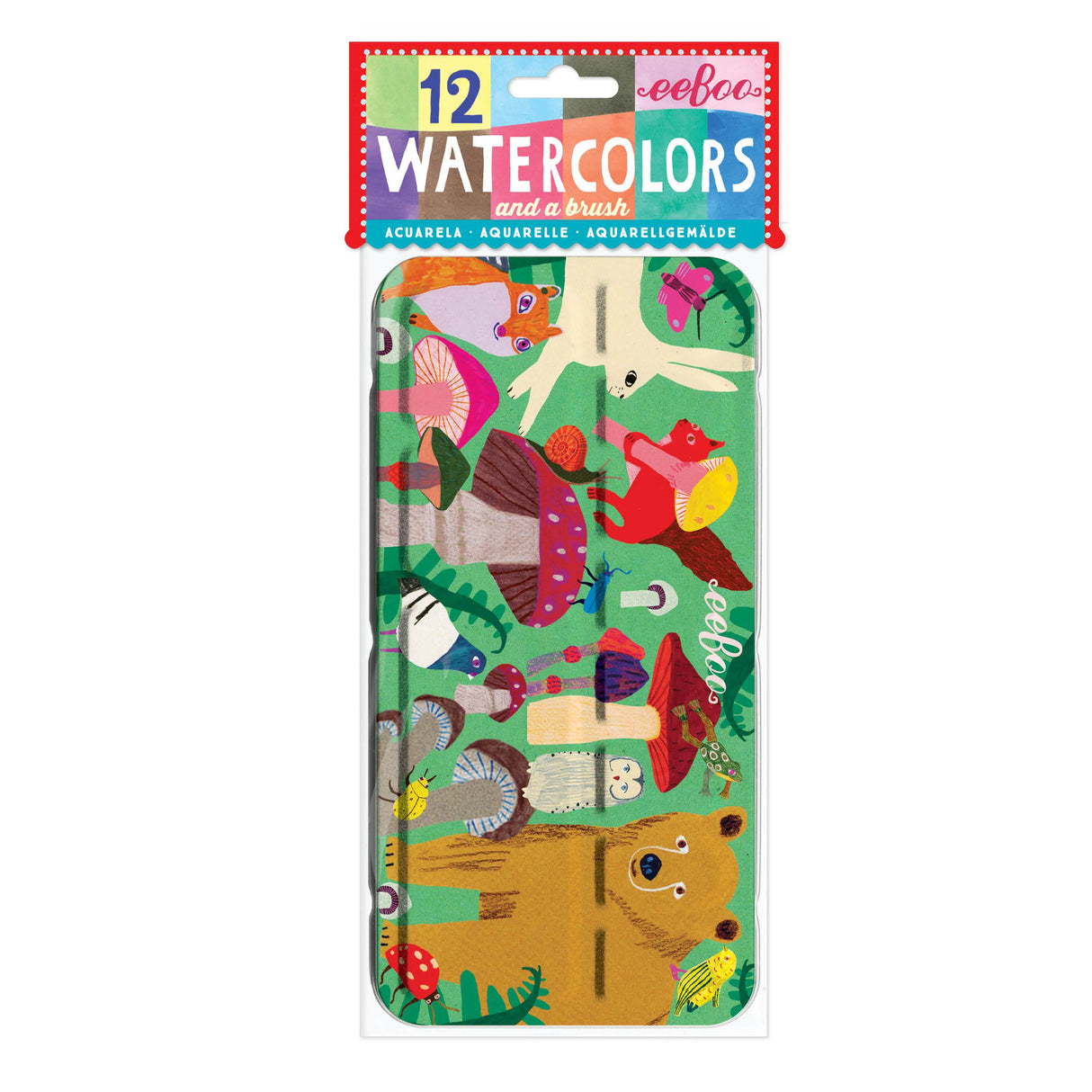 Watercolors Tin | Mushroom with 12 vibrant colors and brush in a colorful animal-themed tin box by Monika Forsberg.