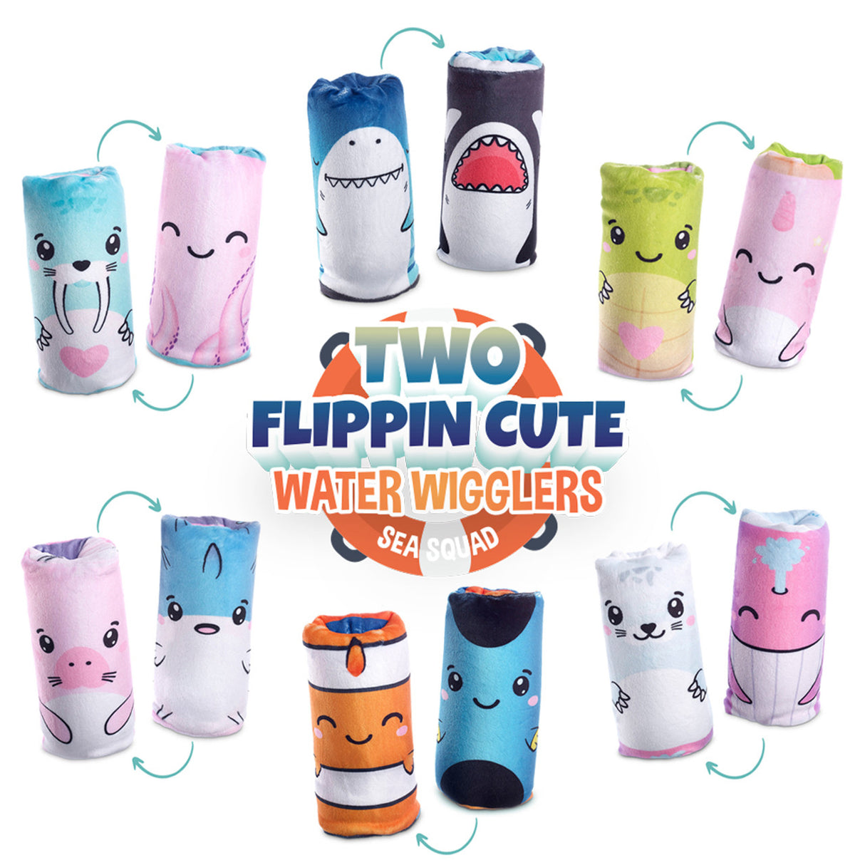 Two Flippin' Cute Water Wiggler Sea Squad plush toys showing reversible sea creature characters in bright colors.