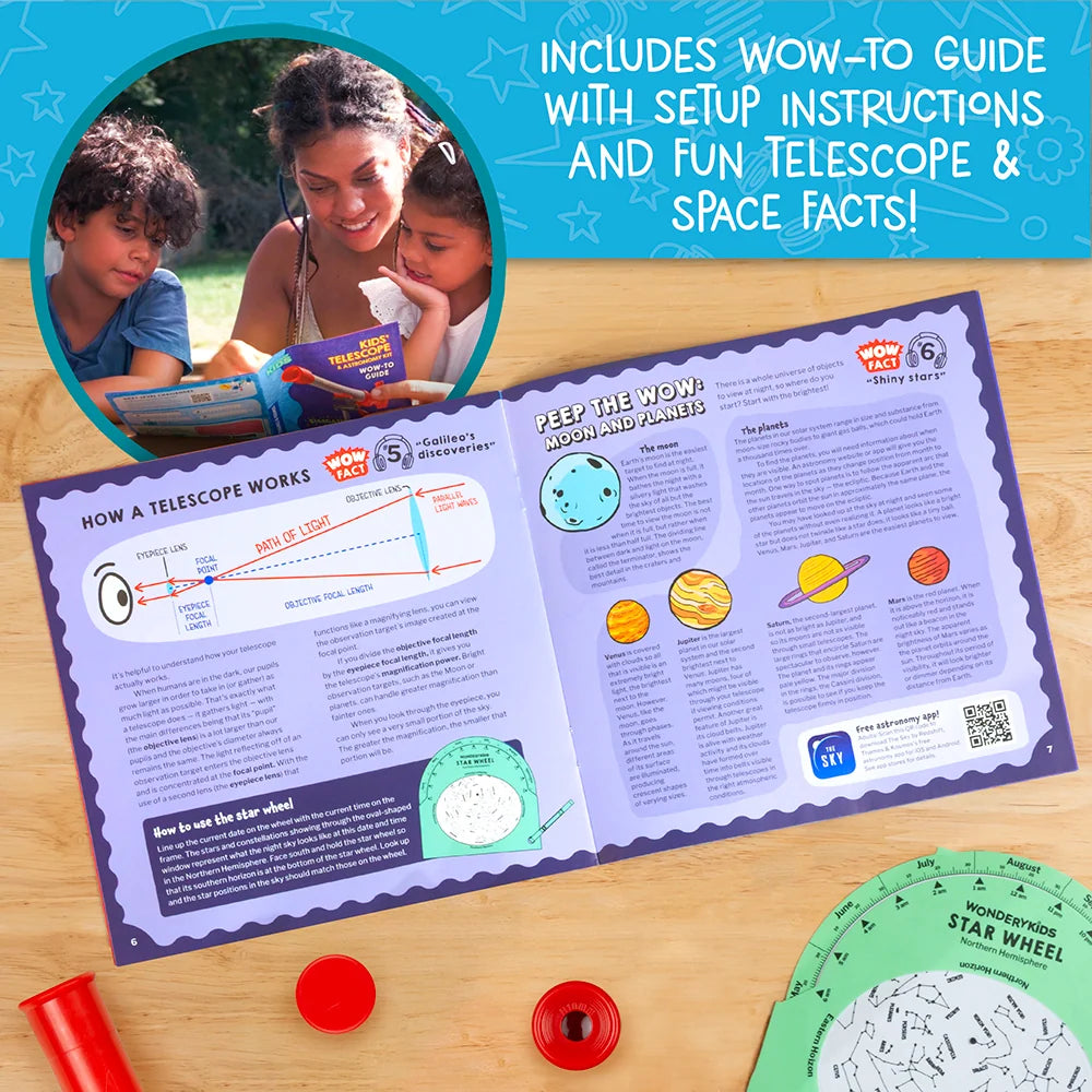 Kids' Telescope & Astronomy Kit with open guide, telescope setup instructions, space facts, and star wheel