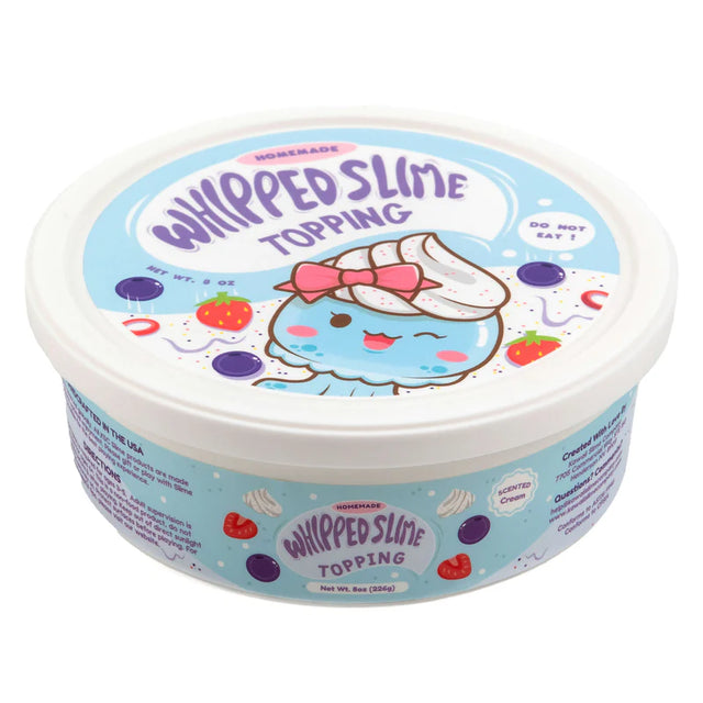 Cool & Slimey Whipped Topping in a round container with playful whipped cream character and colorful fruit decorations.