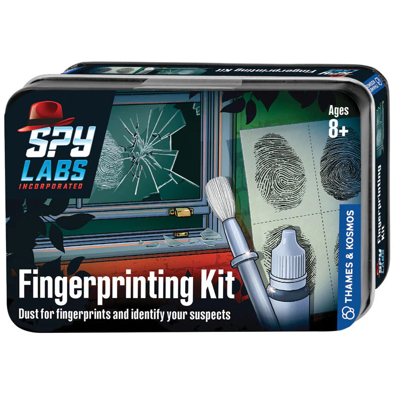 Spy Labs Fingerprinting Kit with black powder, brush, and stickers for safe fingerprint dusting and lifting, ages 8 and up.